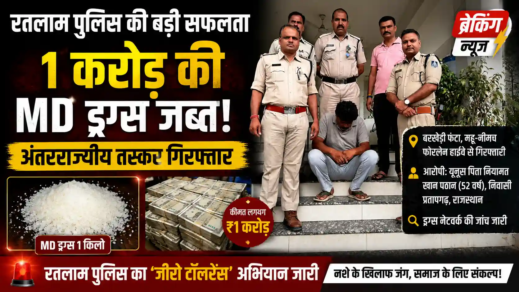 Ratlam News: रतलाम पुलिस की बड़ी कार्रवाई, 1 करोड़ की एमडी ड्रग्स के साथ अंतरराज्यीय तस्कर गिरफ्तार